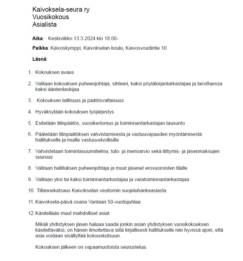 Vuosikokouksen 13.3.2024 asialista